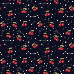 Seamless Cherry Pattern with Celestial Stars and Constellation Background