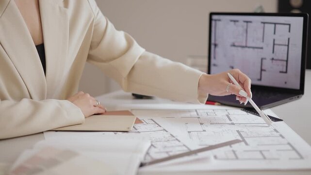 Architect analyzing blueprint designs with laptop in modern office.