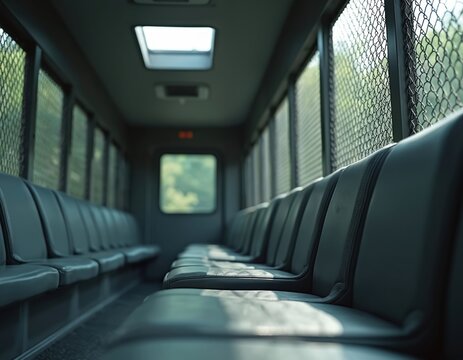 Interior of an empty prisoner transport vehicle showing rows of seats. The vehicle has metal bars on windows and a skylight. This shows a confined travel space for detainees.