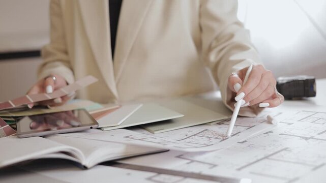 Architect reviewing blueprints and material samples in modern office setting.