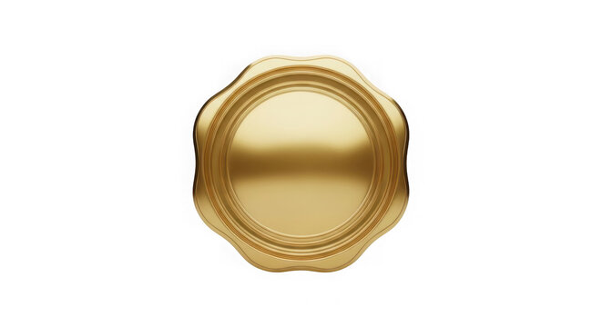 Golden metal seal or stamp with circular shape and ridged edges isolated on transparent background