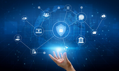 A complete cybersecurity system concept. Providing network protection for online banking, cloud data, financial transactions, and personal identity with secure authentication. Fermion