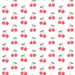 Seamless Cherry Pattern with Leaves, Pastel Pink Repeating Background