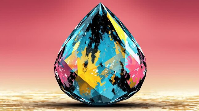 Large multicolored faceted gemstone standing on sandy surface with soft gradient sky in background and dramatic lighting Concept of abstract luxury and creativity