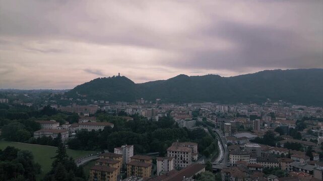 Como city aerial view - Baradello Tower and mountain landscape in Italy