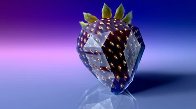 Dark blue crystal strawberry with faceted surface and green leaves on gradient purple background with glossy reflections Concept of luxury fantasy fruit