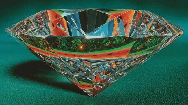 Wide faceted crystal diamond with colorful reflections placed on green surface under dramatic studio lighting Concept of luxury and abstract wealth
