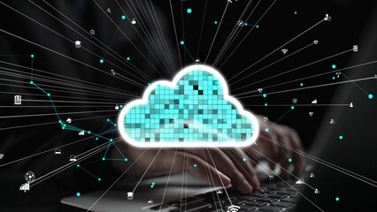 An abstract representation of digital cloud technology over a laptop, illustrating the connection and transfer of data in a modern computing environment. Xenic