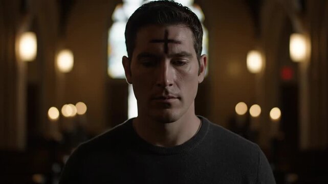 Ash Wednesday observance - A man with ash cross on forehead in church, religious tradition