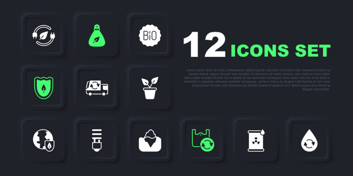 Set Radioactive waste in barrel, Recycle clean aqua, Garbage truck, Shopping with recycle, Shield leaf, LED light bulb, and Iceberg icon. Vector