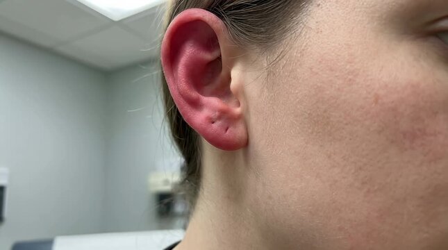 Red Ear Syndrome, close up of episodic ear flushing and localized redness in a clinical neurology aesthetic