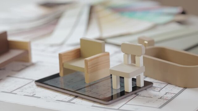 Architectural Interior design with 3d mini models and floor plans blueprint with tablet computer.