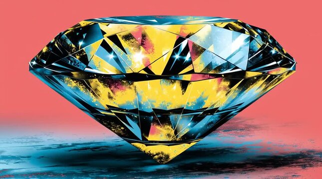 Multifaceted diamond filled with colorful abstract textures on smooth surface against pink background Concept of luxury creativity and modern design