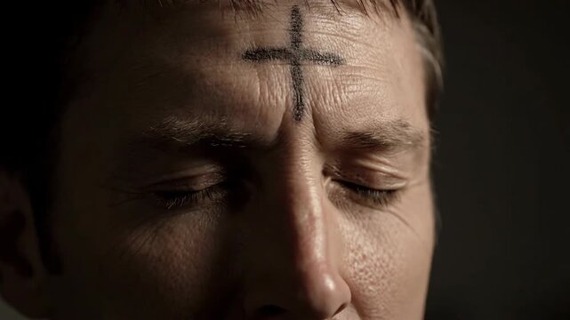 A solemn close-up of a man with eyes closed, reflecting on faith and repentance, his forehead marked with the traditional ash cross of Ash Wednesday
