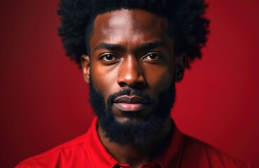 Fototapeta premium Portrait of handsome African American man with beard and curly hair looking directly at camera. He wears a red shirt against a solid red background. Studio shot.