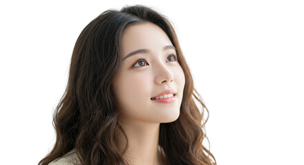 Fototapeta premium Smiling young woman with long brown hair for beauty and fashion branding, isolated on transparent background.