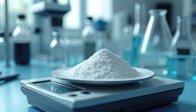 A white powder sits on a scale in a lab setting. Glassware and scientific instruments are blurred in the background. Precise measurement of chemical substances for research and analysis is crucial.