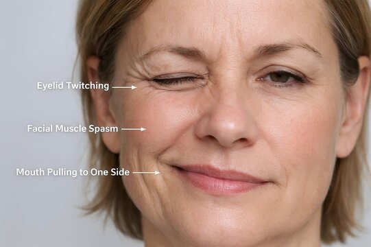 Hemifacial Spasm Early Stage Presentation, Close up of Mild Intermittent Muscle Twitches Near the Eye and Mouth on an Adult Face for Neurology and Medical Education Reference