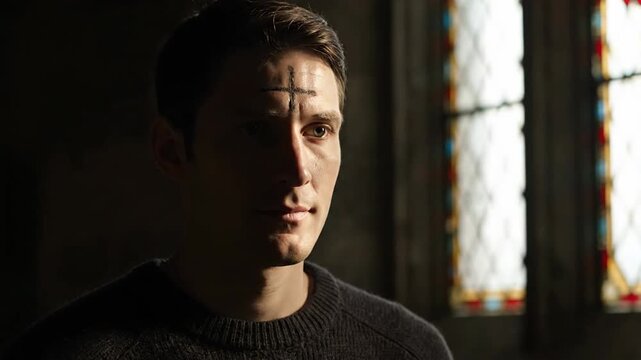 Solemn man with ash cross on forehead observes Ash Wednesday rituals in a dimly lit sacred space, reflecting on spiritual commitment and repentance