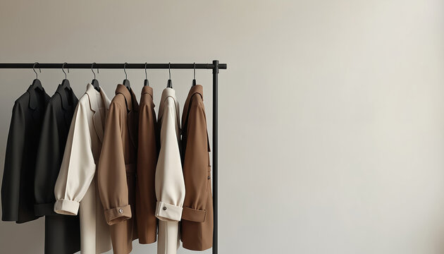 Collection of neutral colored blazers and jackets hang on a black rack. Minimalist fashion boutique interior with blank wall. Clean modern clothing store.