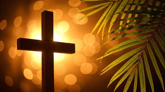 Ash Wednesday Christian Cross with Palm Fronds and Bokeh Lights symbolizing Lent and Resurrection
