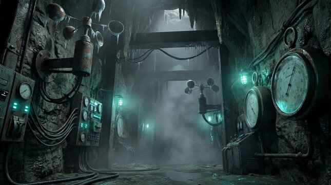 Abandoned Subterranean Weather Observatory with Rusted Analog Gauges and Industrial Fog in a Brutalist Concrete Bunker