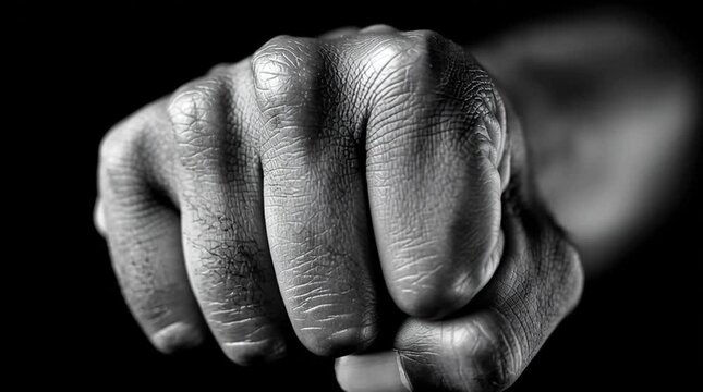 a clenched human fist with whitening knuckles and hyper-precise skin texture, capturing tension, suppressed anger, and emotional restraint through raw physical detail.
