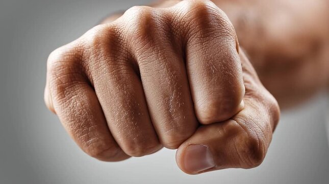 a clenched human fist with whitening knuckles and hyper-precise skin texture, capturing tension, suppressed anger, and emotional restraint through raw physical detail.