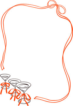 Hand drawn crayon doodle whimsical coquette red ribbon frame with cute coquette bow. Champagne, wine, cocktail, martini glasses. Lace victorian playful border gor restaurant, bar menu, invitation