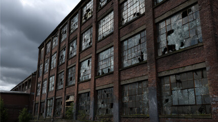 Abandoned building with broken windows reflects economic crisis and inflation impact causing poverty and urban decay under dark cloudy sky
