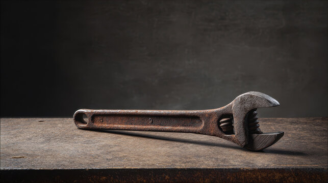 Rusty adjustable wrench on metal surface with dark background symbolizing inflation crisis economic poverty impact