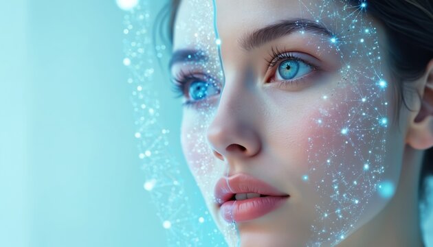Woman with blue eyes and connected digital network overlay on face. Future beauty clinic concept with cyber technology and skin care science. Virtual analysis and digital treatment for healthy skin.