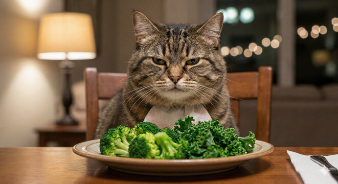 Funny grumpy cat sits at table with plate of broccoli during romantic candlelit dinner