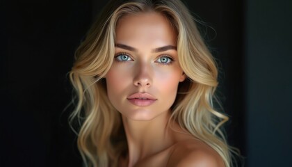 Naklejka premium Young woman with blue eyes and blonde hair, flawless skin, natural makeup. Portrait beauty, face, clean pure look, wellness, fashion, female.