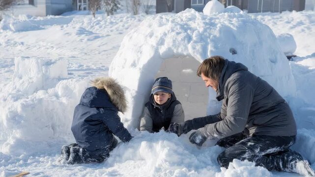 Father and children building an igloo together in a snowy winter landscape