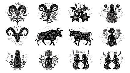 Naklejka premium Zodiac Signs with Floral Emblems isolated on a transparent background