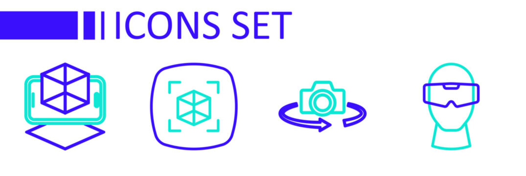 Set line Virtual reality glasses, 360 degree view, 3d modeling and icon. Vector