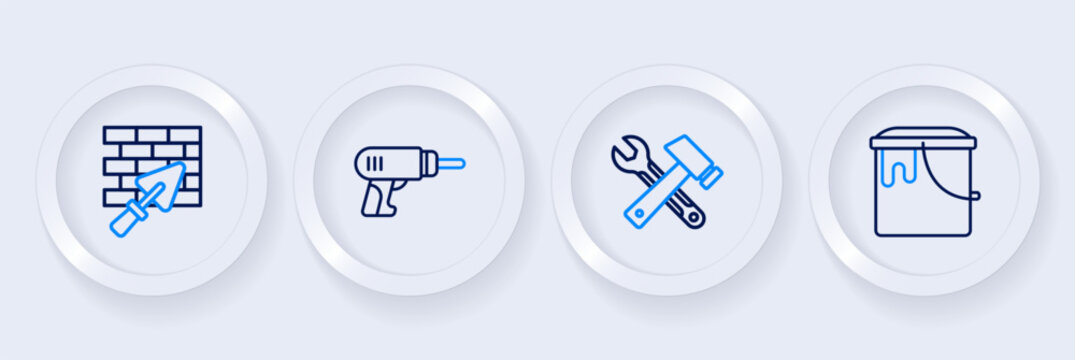 Set line Paint bucket, Window room, Electric drill machine and Brick wall with trowel icon. Vector