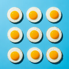 Fried eggs sunny side up arranged in grid pattern on blue background top view