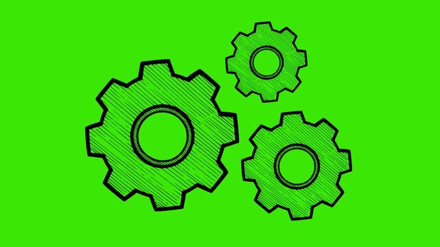 Minimalist black hand-drawn gears video 2d animation. Three rotating cogs on a green screen chroma key background. Professional sketch style