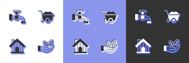 Set Leaf in hand, Water tap, Farm house and Wheelbarrow icon. Vector