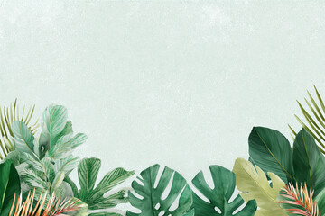 Tropical watercolor leaves frame. Copy space