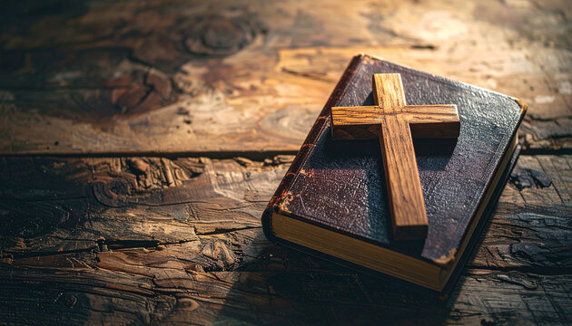 Wooden cross on closed aged Bible on rustic wooden table, Christian faith and spirituality, reverent mood
