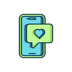 Filled outline Smartphone with heart emoji speech bubble get message on screen icon isolated on white background. Valentines day. Flat filled outline style with shadow. Vector