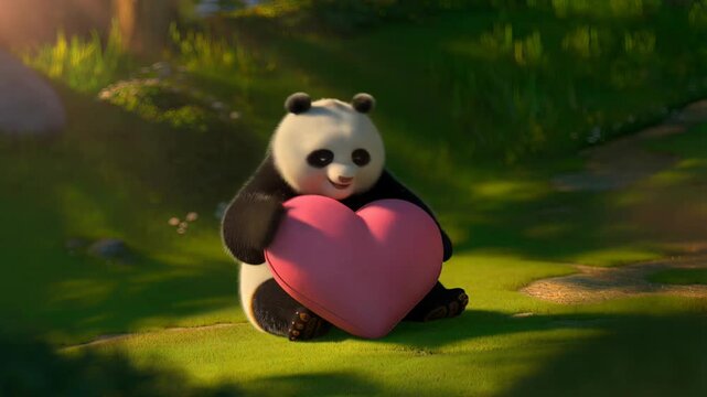 Adorable animated panda holding and hugging a large pink plush heart on green meadow in soft sunlight, expressing love and warmth for Valentine&rsquo;s Day theme video footage