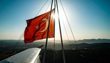 Turkish Flag - The Turkish flag. The moon rising at sunset and the Turkish flag waving on the...