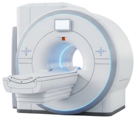 Side view of sleek magnetic resonance imaging machine with illuminated blue light