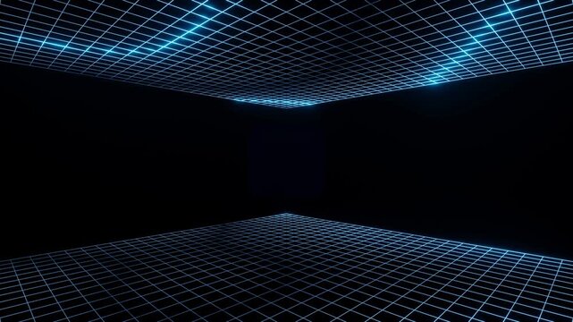 Futuristic logo reveal animation background featuring glowing blue neon grid lines forming a 3D tunnel in a dark cyber space environment. Perfect for technology intros, digital branding, sci-fi presen