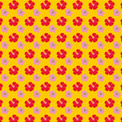 Bright seamless hibiscus flower pattern on yellow background. Tropical floral illustration ideal for summer designs, fabric prints, wallpapers, and cheerful branding.