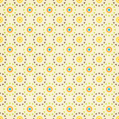 Fototapeta premium Bright floral pattern with small flowers on grid background. Cheerful retro seamless design ideal for fabrics, wallpapers, kids decor, and creative projects.
